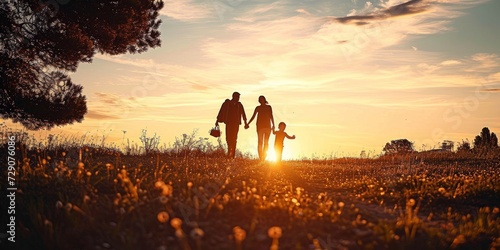 Silhouette of happy family walking in the meadow at sunset  - Mother, father and child son having fun outdoors enjoying time together - Family, love, mental health and happy lifestyle, Generative AI photo