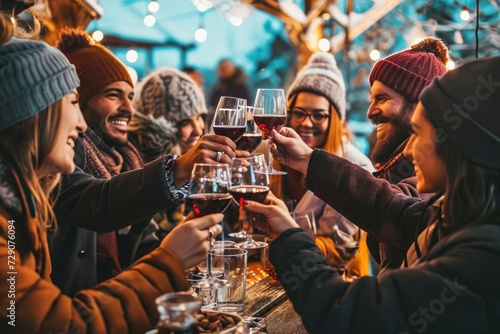 Happy multiracial friends toasting red wine at restaurant terrace - Group of young people wearing winter clothes having fun at outdoors winebar table - Dining life style and friendship, Generative AI