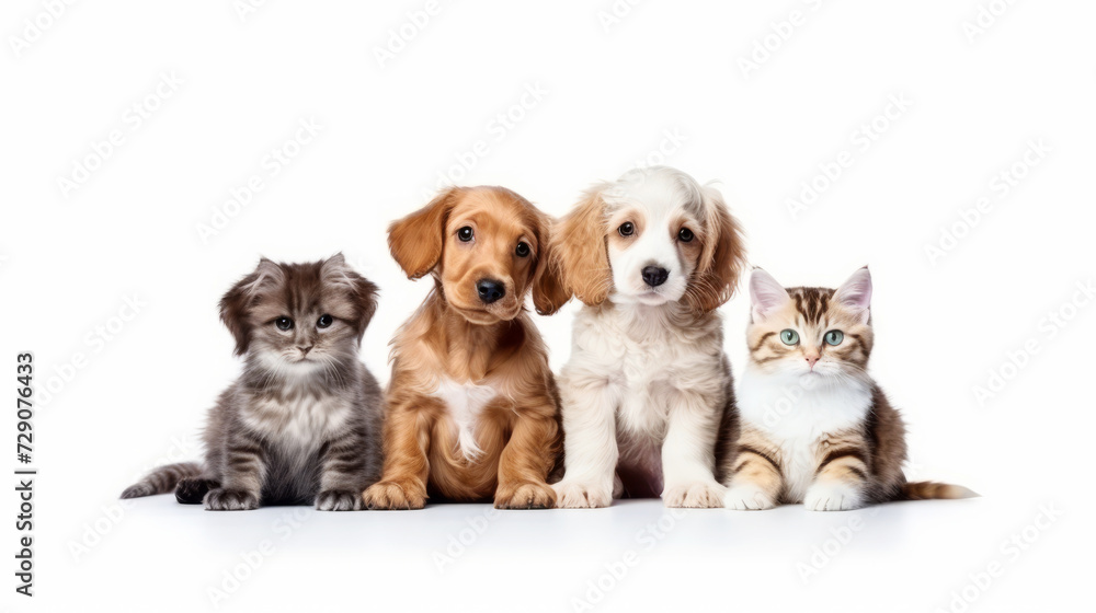 Adorable kittens and puppies posing together on white background