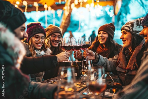 Happy multiracial friends toasting red wine at restaurant terrace - Group of young people wearing winter clothes having fun at outdoors winebar table - Dining life style and friendship, Generative AI