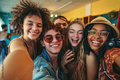 Group of young tourists standing in youth hostel guest house - Happy multiracial friends booking summer vacation home - Guys and girls having fun taking selfie picture at summertime, Generative AI
