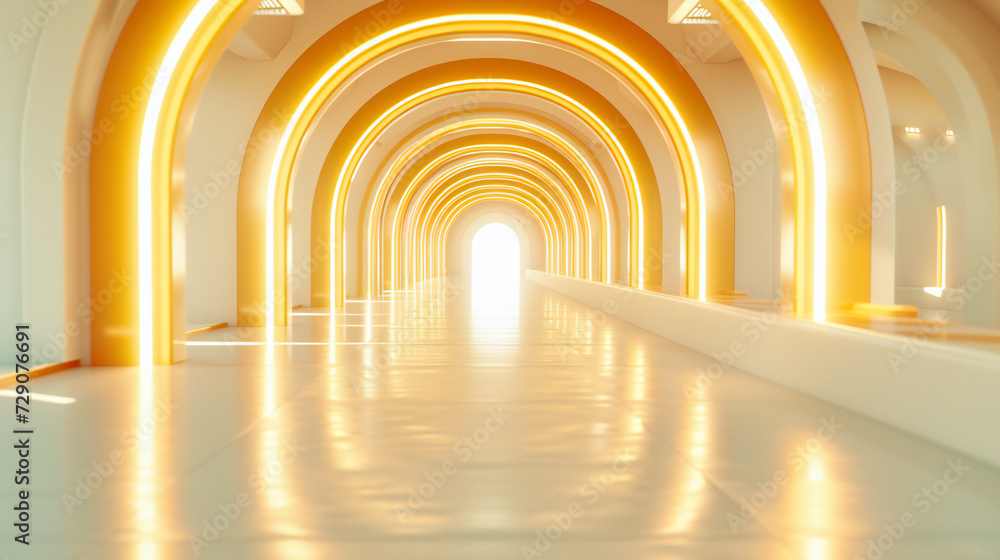 Modern architectural tunnel with sleek lines and a futuristic design, presenting a dynamic and empty corridor in an urban or industrial setting