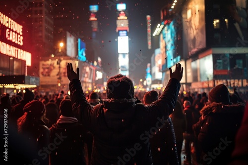 Crowd of people celebrating New Year eve in Times Square, Manhattan, New York - Generative AI
