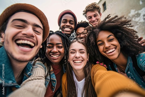Multiracial friends taking big group selfie shot smiling at camera - Laughing young people standing outdoor and having fun - Cheerful students portrait outside school - Human resources, Generative AI