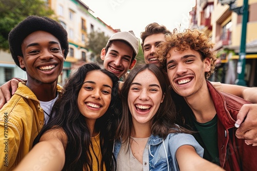 Multiracial best friends having fun outside - Group of young people smiling at camera outdoors - Friendship concept with guys and girls hanging out on city street, Generative AI