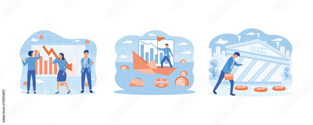 Bankruptcy business concept. Tiny person with broke company. Sinking business process in financial crisis. Frustrated businessman look at collapsing bank building. Set flat vector modern illustration