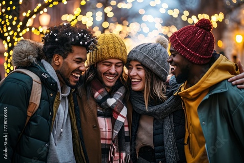 Multiethnic friends having fun together under Christmas tree decoration, Trendy young people celebrating x-mas holiday, Life style concept with guys and girls hugging on city street, Generative AI