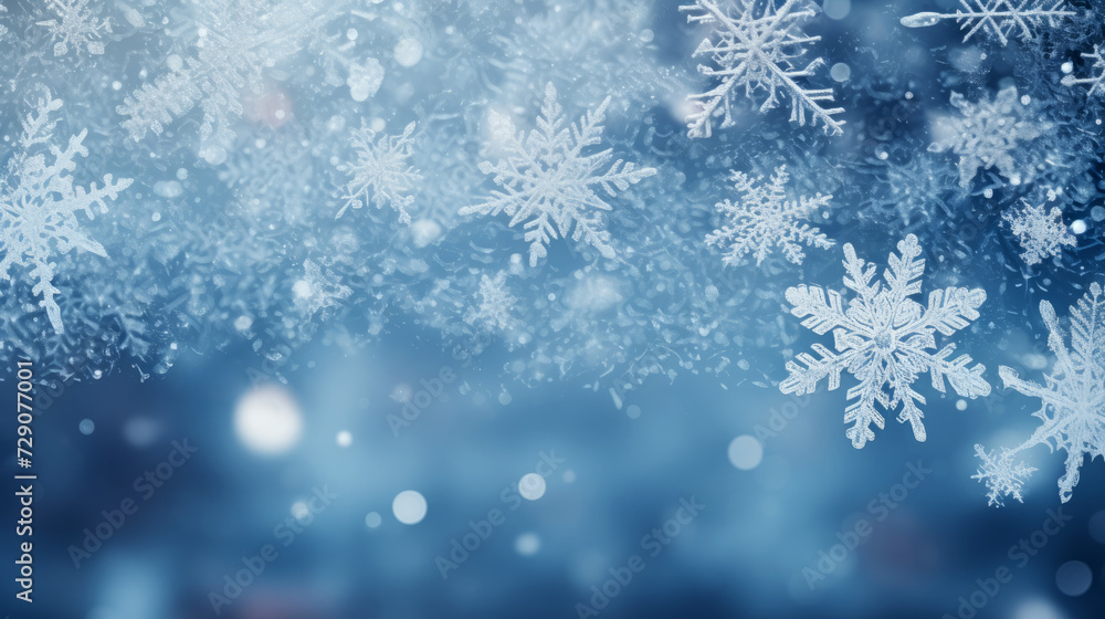 Close-up of glittering snowflakes falling against a blue winter background