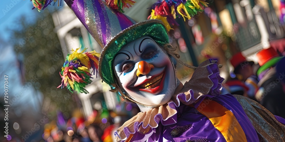 Mardi Gras jester with traditional purple, green, and gold Mardi Gras jester with traditional purple, green, and gold