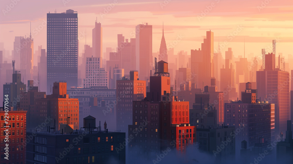 A city skyline waking up to a gentle sunrise