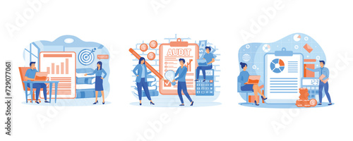 Audit concept. Business operation research and analysis. Financial inspection. Set flat vector modern illustration 