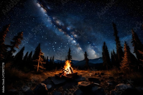 Starry Night Sky with a Silhouetted Forest and a Glowing Campfire Below.