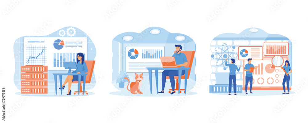 Analysis and data science concept.  Handsome businessman analyzing data on his laptop. Online data storage technologies. Set Flat vector modern illustration 