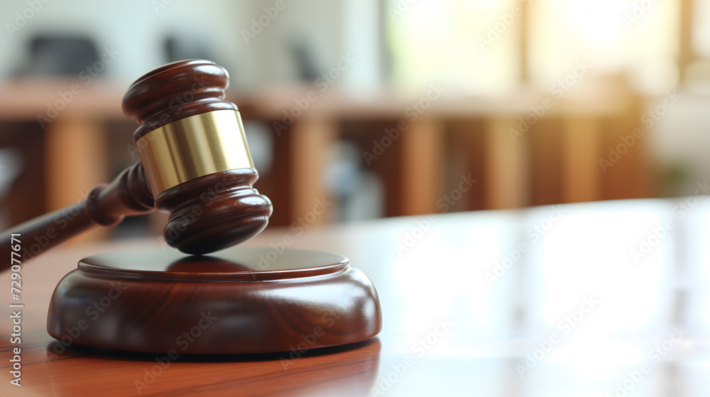A crisp close-up photograph of a judge's gavel, perfectly focused on its polished wooden surface, lying on a sleek, modern desk A crisp close-up photograph of a judge's gavel, perfectly focused on its polished wooden surface, lying on a sleek, modern desk