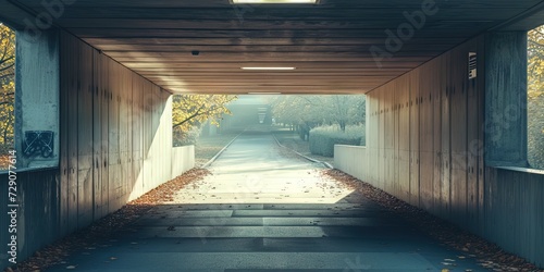 Underpass beneath a bridge. This cement tunnel runs underneath the road to allow pedestrians to cross the street photo