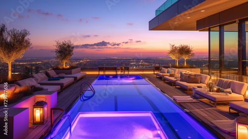 Rooftop pool deck with panoramic city views