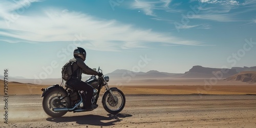 Biker riding motorcycle in the desert. travel roadtrip concept in the southwest open road.