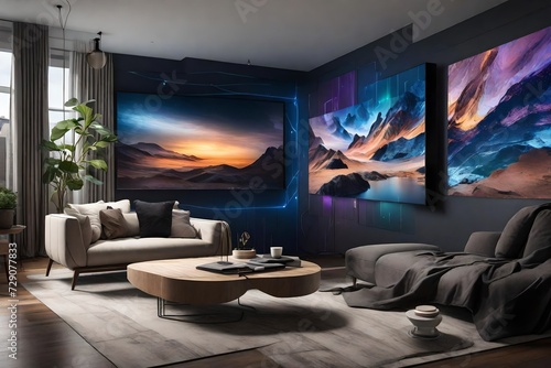 A tech-savvy living room with an interactive wall mockup, displaying digital art and customizable lighting. © Hafsa