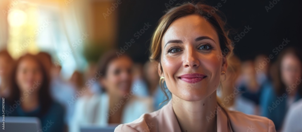 Joyful woman business owner participating in conference workshop, gazing directly into the camera. Joyful woman business owner participating in conference workshop, gazing directly into the camera.