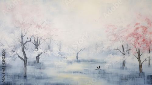 artistic cherry blossoms in spring, paint art canvas, surface light copy space abstract background blue and white