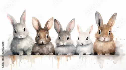 a group of watercolor rabbits isolated on a white background, illustration for children photo