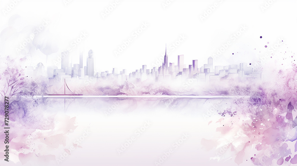 purple, lavender silhouette of the city, spring watercolor illustration on a white background, cityline liquid paint - obrazy, fototapety, plakaty 