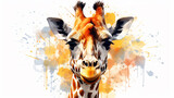 giraffe portrait, watercolor illustration on a white background, liquid paint spots, print for design