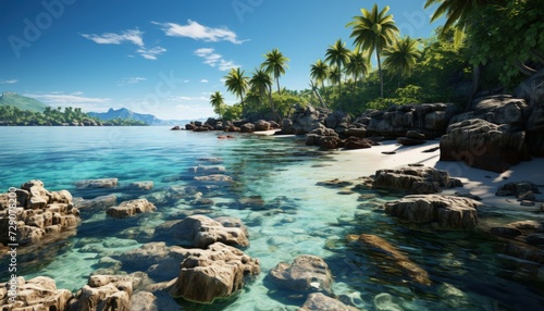 Tropical Paradise Unveiled: Crystal Clear Waters and Flourishing Palms on a Secluded Beach