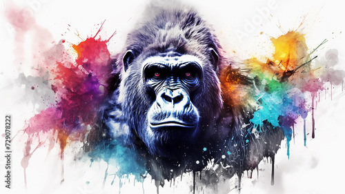 gorilla portrait of a monkey, watercolor illustration on a white background, liquid paint spots, print for design