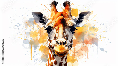 giraffe portrait, watercolor illustration on a white background, liquid paint spots, print for design photo