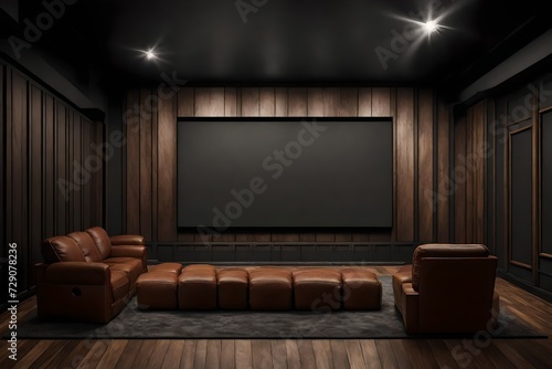 A cinematic shot of an empty solid wall mockup in a home theater, offering a customizable backdrop for movie-themed graphics or quotes. © Hafsa