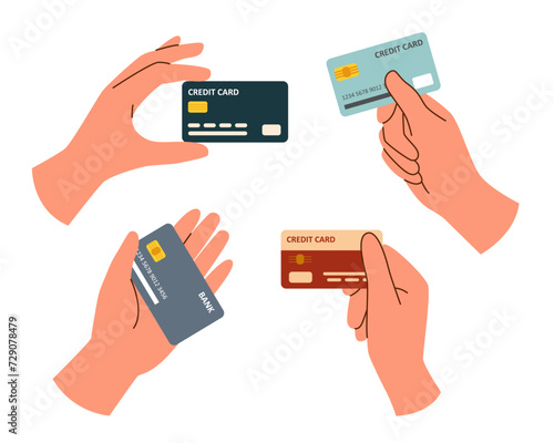 Set of hands with credit cards isolated on white background.