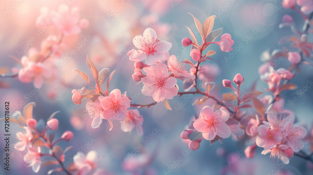 Soft-focus image of delicate pink cherry blossoms against a blurred background, symbolizing spring or the concept of renewal Soft-focus image of delicate pink cherry blossoms against a blurred background, symbolizing spring or the concept of renewal