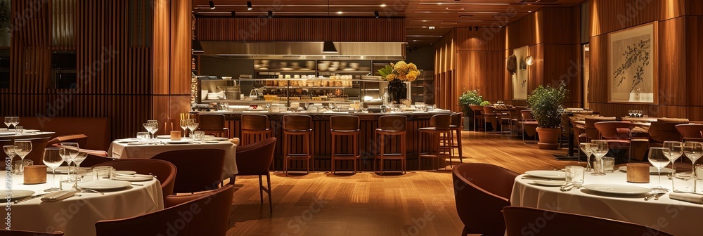 Five-star restaurant with luxurious decor empty and ready with table settings and chairs