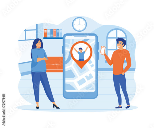Children protection and safety concept.  Parents monitoring whereabouts of child via smart phone with geo location tracking application. flat vector modern illustration 