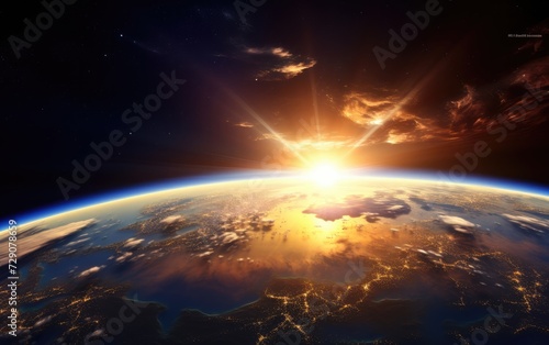 Planet Earth in dark outer space. sunrise night star nebula ozone atmosphere