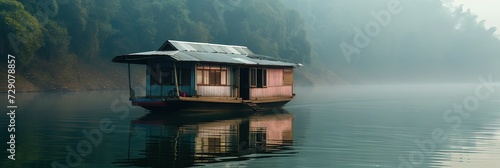 House boat floating on the lake - travel and family vacation adventure concept