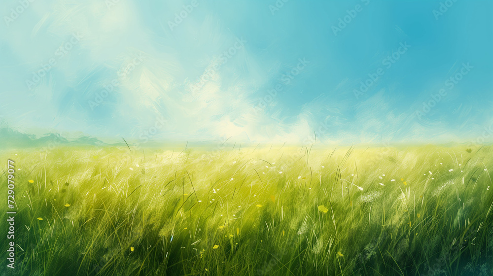 A serene digital painting of a sunlit, vibrant green meadow under a clear blue sky, ideal for concepts related to spring or nature