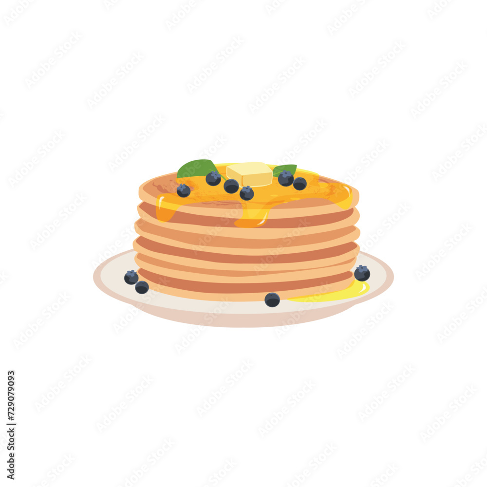 Plate of pancakes with butter, syrup and berries, vector illustration isolated. Plate of pancakes with butter, syrup and berries, vector illustration isolated.