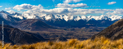 panorama of mountains in torlesse tussocklands national park, canterbury, new zealand south island  trail to trig m with panorama of alps and lake lyndon © Jakub