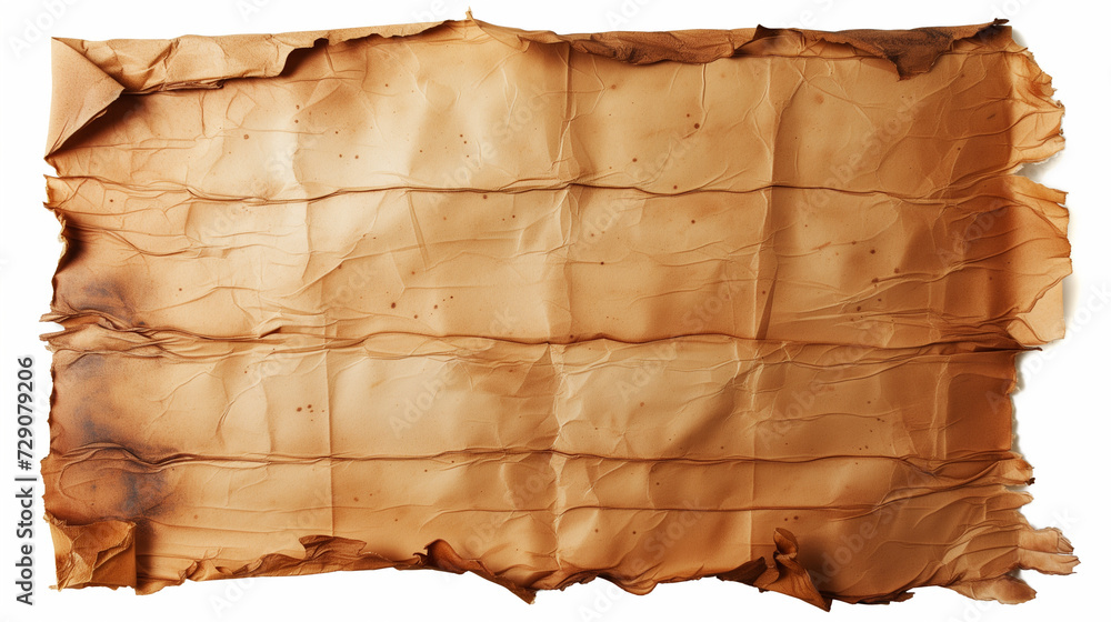 An old, crumpled piece of blank parchment paper with torn edges isolated on a white background, suitable for historical or vintage design concepts