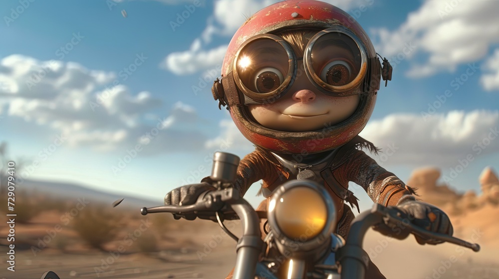 Biker riding motorcycle in the empty open desert terrain. 3D modern animation style Biker riding motorcycle in the empty open desert terrain. 3D modern animation style