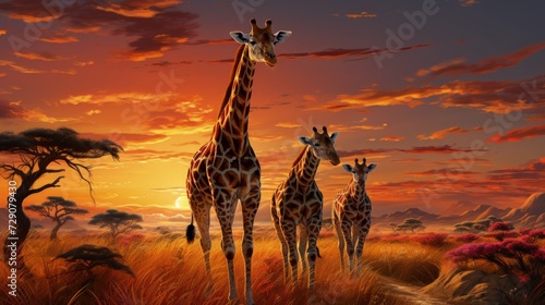 Majestic Giraffes in Their Natural Habitat: Serene African Landscapes at Sunrise and Midday