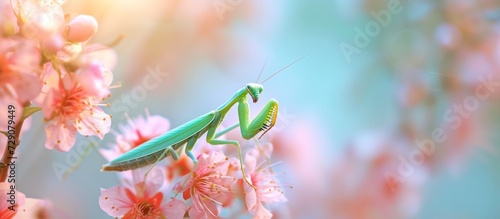 Tiny mantis perched on a blossom. photo