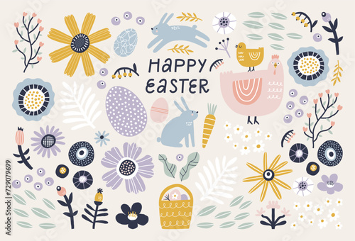 Set of Easter design elements. Eggs, basket, chicken, rabbit, flowers and branches. Perfect for holiday decoration and spring greeting cards.