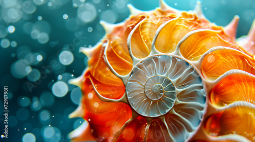 Intricate sea shell with a spiral pattern, displaying the beauty of natures symmetry and design in a vibrant underwater environment photo