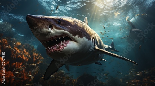Predatory Great White Shark Dominates the Marine Ecosystem Under Ocean Sunrays photo