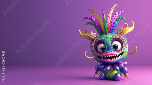 Mardi Gras concept with jester in green purple, and gold on solid background with copy space. 