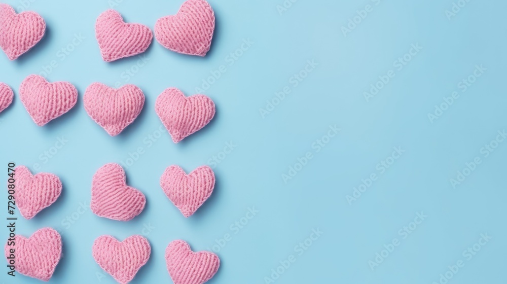 Pink knitted hearts on a blue background, top view, with space for text. Valentine's Day, hobbies, knitting, love, health concept.