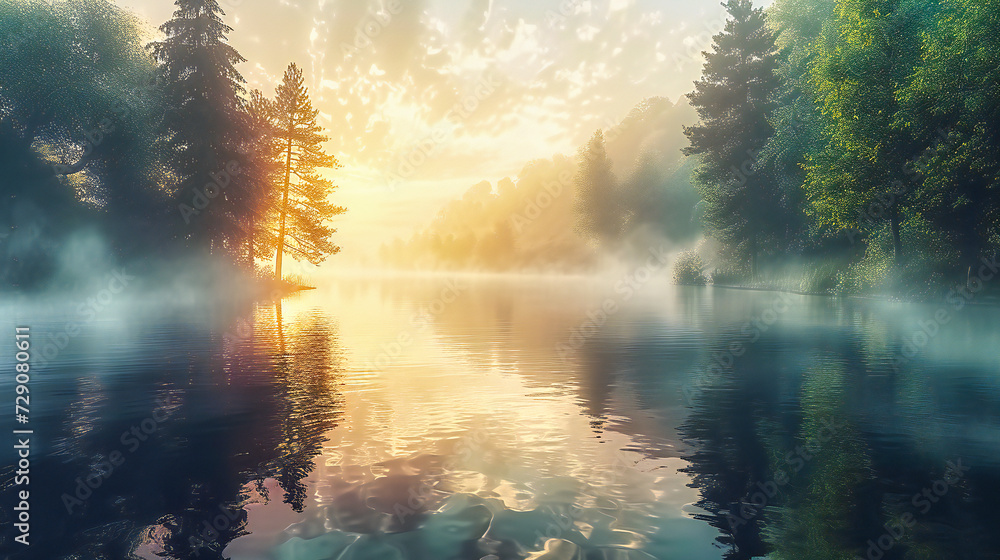 Calm and scenic lake landscape at sunrise, capturing the serene beauty of nature with misty water and a forested background in a tranquil setting